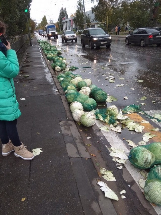 Около тонны капусты высыпалось на проезжую часть на улице Дьяконова в Нижнем Новгороде (Видео)